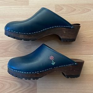 J Crew. Blue leather clogs with adorable embroidered flower detail. Wooden base